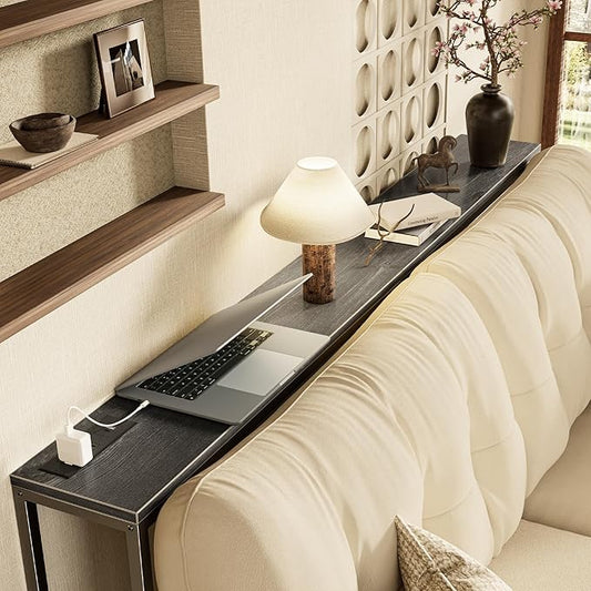 SUPERJARE 70 Inch Console Table with Outlet, Sofa Table with Charging Station, Narrow Entryway Hallway Table, Behind Couch Table, for Living Room, Charcoal Gray