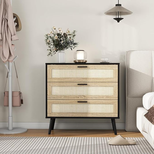 Panana 3/6/8 Drawers Dresser, Wooden Rattan Chest of Drawers with Rattan Front Spacious Storage Chest Bedside Table Nightstand Cabinet for Living Room, Closet, Hallway, Bedroom
