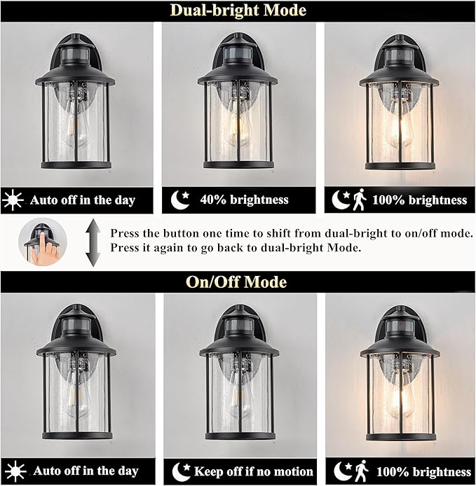MICSIU 100W Max Motion Sensor Outdoor Wall Light, 3-Mode Dusk to Dawn Exterior Fixture, 1-Pack 11.5" Matte Black Anti-Rust Hardwired Security Sconce with Seedy Glass for Garage Porch Deck