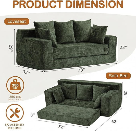 Convertible Sofa Bed, 5 in 1 Small Boneless Couch Pull Out Loveseat Sleeper Sofa,Corduroy Futon Couch Folding Mattress with 4 Pillows for Living Room Bedroom Lounge (Green, 3 Seater)