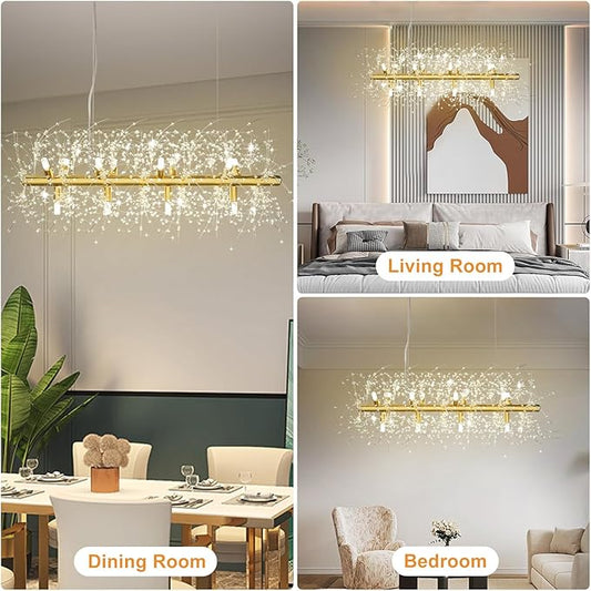 Depuley 35.4" Modern Gold Crystal Firework Chandelier, 12-Light Crystal Light Fixture Hanging, Linear Dandelion Chandelier, Sputnik Ceiling Pendant Light Fixtures for Dining Room(G9 Bulbs Included)