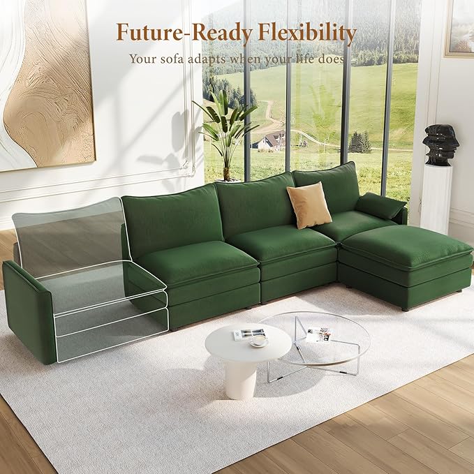 Vesgantti 108" Modular Sectional Sofa, Comfy Cloud Couch with Movable Ottoman Deep Seat Chenille L Shaped Modular Sofa, Sectional Couches for Living Room, Bedroom and Apartment, Green | Sink-in Comfort, Height Adjustable, Easy Rearrangement, Extra-deep...