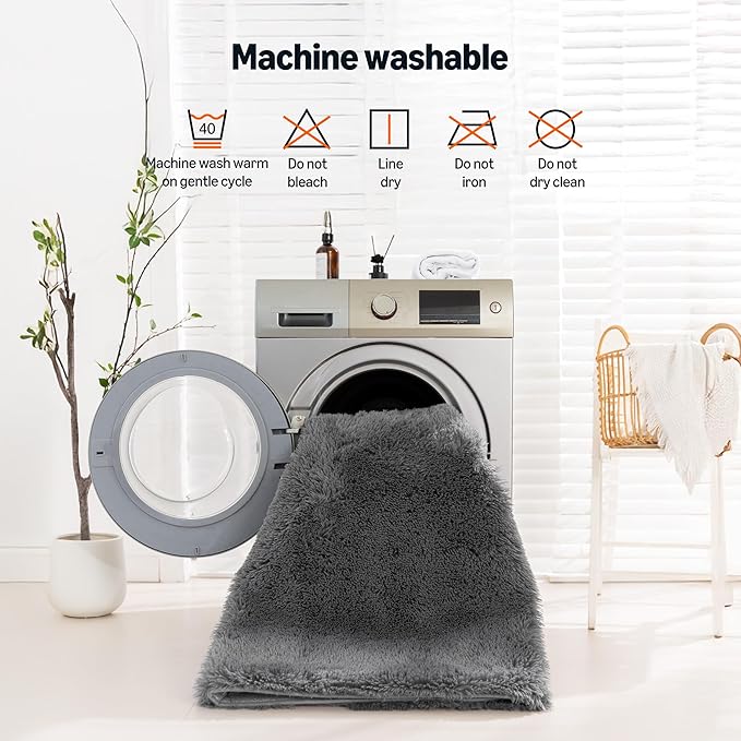 Amazon Basics Fluffy Washable Area Rug, Shaggy Carpet for Living Room, Bedroom, 8' W × 10' L, Dark Gray