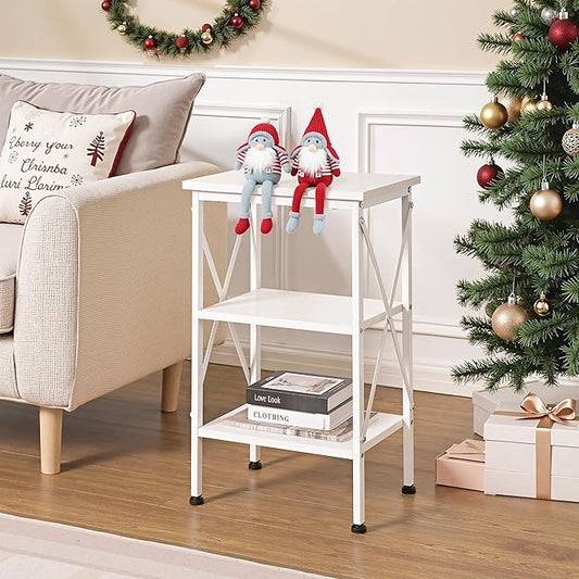VECELO End Table, Nightstand, 24" Tall Living Room Side Tables, X-Design Reinforced Bedside Table, Nightstands with 3-Tier Storage Shelves for Small Spaces, Office, Bathroom, Bedroom, Pearl White
