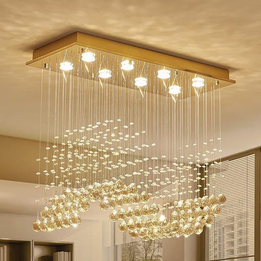Saint Mossi 22019 8-Lights Modern K9 Crystal Chandelier Light Fixture, Raindrop Chandelier for Bedroom,Living Room,Dining Room, L30 x W12 x H26, Champagne Crystal & Light Gold Canopy