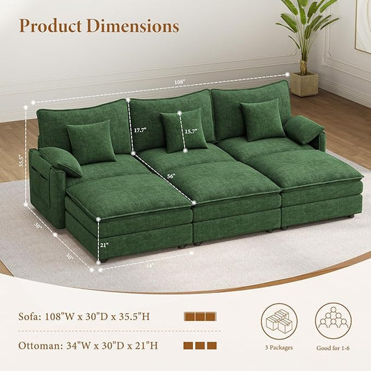 Vesgantti 108" Sectional Sleeper Sofa, 6-Seater Oversized Modular Cloud Couch with Movable Ottoman, Chenille Large Sofa Bed Convertible Deep Seat Couches for Living Room, Bedroom and Apartment, Green | Sink-in Comfort, Height Adjustable, Easy Rearrange...