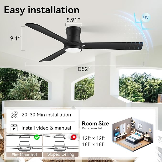 52inch Smart Ceiling Fans with Lights,Low Profile Black Wood Ceiling Fans,Remote/APP/Alexa Control,Modern Flush Mount Ceiling fan,Outdoor Indoor for Bedroom Living room Patio,3 Blade,Dimmable,Quiet