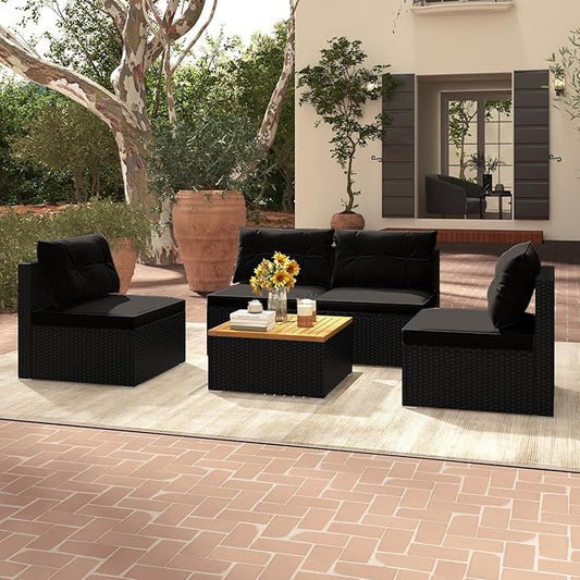 Tangkula 5 Piece Rattan Sofa Set, Outdoor Wicker Furniture Set w/Seat & Back Cushions, Square Coffee Table, Patio Sofa Set for Backyard, Poolside (Black)