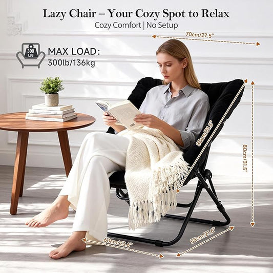 Saucer Chair, Comfy Bedroom Chairs, Oversized Folding Faux Fur Chair, Foldable Metal Frame Chair for Bedroom, Patio, Study, Playroom (Black)