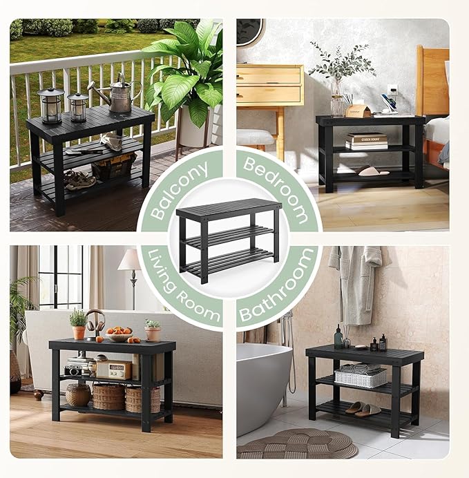 Sweetcrispy 3-Tier Shoe Rack Bench, Bamboo Entryway Storage Organizer, Shoes Stand for FrontDoor Entrance, Bedroom, Living Room, 286lb Capacity, 11.3 x 27.6 x 17.8 Inches, Pitch-Black