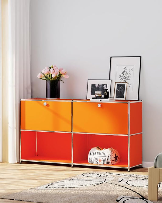 Metal Sideboard with 2 Flap Doors, DIY Modern Home Furnishing,Perfect for Home, Office, Kitchen, Hallway,Foyer Organization(Matt Orange)