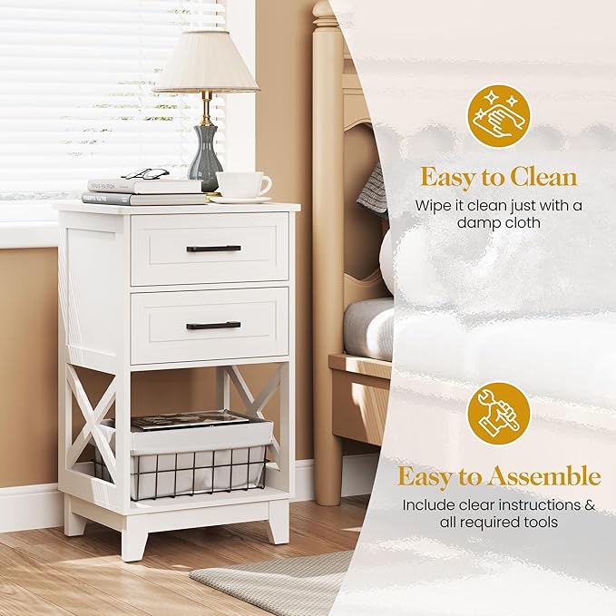 White Nightstand, Tall Side Table with 2 Drawers and Open Shelf, Bedside Table with Solid Feet, Modern Night Stand End Table for Bedroom, Home Office, White