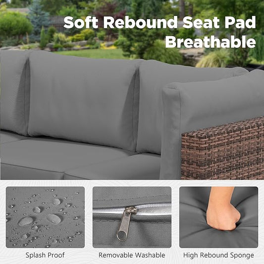 LHBcraft 7 Pieces Outdoor Wicker Rattan Patio Furniture, Wicker Rattan Outdoor Sectional Sofa Set with Coffee Table & Gery Cushions for Garden, Poolside