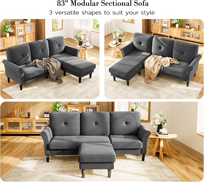 Kidirect 83" Sectional Couch, Velvet L-Shaped Couch 3 Seater Sectional Couches for Living Room, Comfy Fluffy Deep Seat Loveseat, Modular Sectional Sofa with Ottoman for Apartment Office, Grey Couch