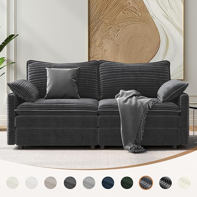 Vesgantti 74" Loveseat Sofa for Living Room, Comfy Cloud Couch Deep Seat Corduroy Modern 2 Seater Small Sofa with Armrest Pillow, Easy Assembly for Small Spaces, Gray | Sink-in Comfort, Height Adjustable, Easy Rearrangement, Extra-deep Ottoman, Solid W...