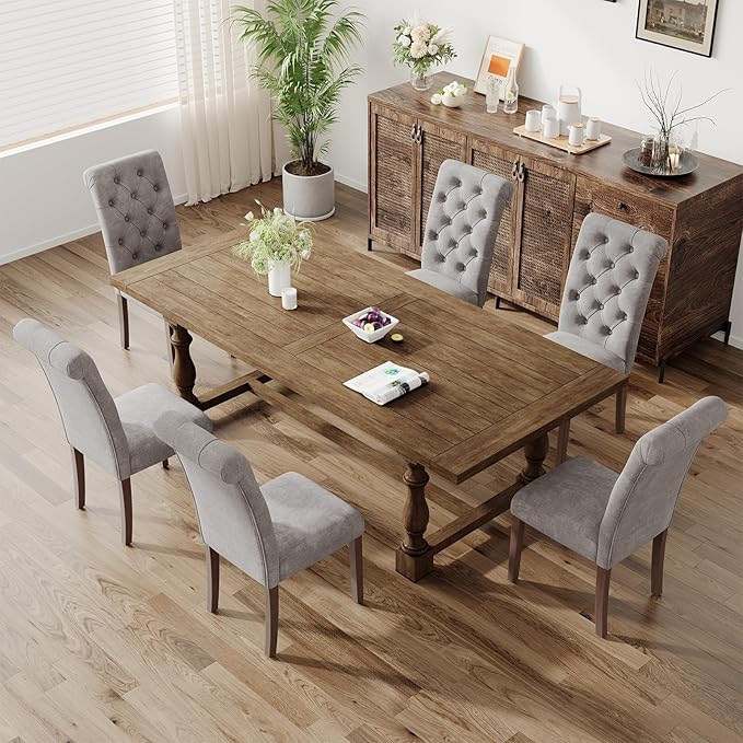 Upholstered Tufted Dining Room Chairs Set of 6, Parsons Kitchen Chairs with Padded Seat and Solid Wood Legs, Fabric Accent Side Diner Chair for Dining Room/Kitchen/Living Room, Light Grey