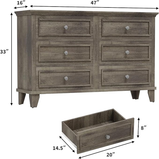 GAOMON Dresser for Bedroom, 6 Drawer Wide Dresser Storage Organizer, Modern Wooden Chest of Drawers with Metal Handles for Hallway, Entryway, Home Office, Grey