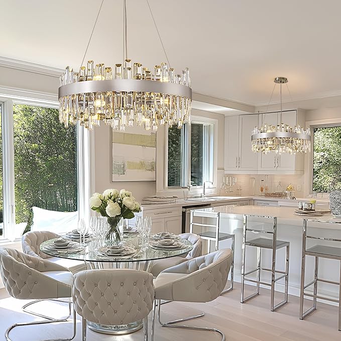 Crystal Chandelier for Dining Room, 12-Light Chrome Silver Round Chandelier, 23.6-inch K9 Crystal Raindrop Ceiling Light, Luxury Flush Mount Light Fixture for Kitchen Living Room