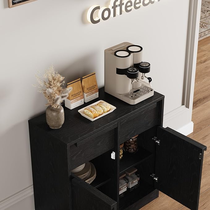 GarveeHome Sideboard Buffet Cabinet with 2 Drawers, 31.5 in Large Coffee Cabinet with Storage, Modern Storage Buffet Table for Kitchen Dining Room, Living Room (Dark, 2 Doors & 2 Drawers)