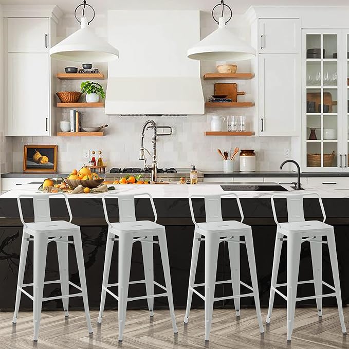 Tongli Metal Bar Stools Set of 4 Barstools Counter Height Bar Stools with Back Industrial Bar Stool Indoor Counter Stool Kitchen Island Stools Modern Bar Chair 24 inch White Cream