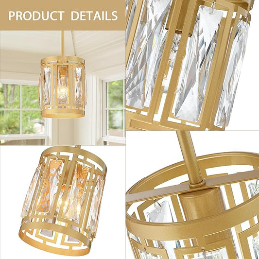 Gold Pendant Lights Kitchen Island, Crystal Pendant Light, Adjustable Hanging Light Fixture for Dining Room, Living Room, Kitchen