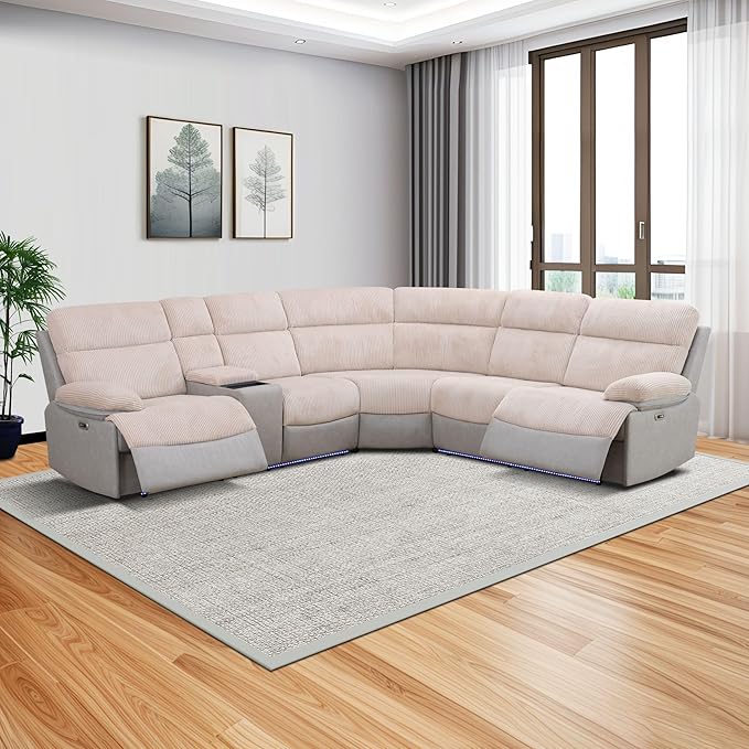 Power Recliner Sectional Sofa, Beige & Grey Plush Sofa, Sectional Couch with Storage Console, Reclining Living Room Sofa with USB/LED Lights