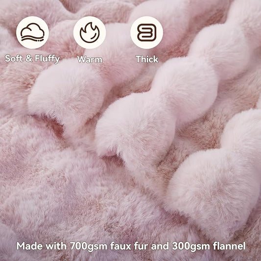 Faux Fur Throw Blanket, 1000GSM Fluffy Soft Bubble Blanket for Couch Bed, Cozy Plush Warm and Thick Blanket, Fuzzy Rabbit Throw for Living Room Bedroom 50''*60'' Pink