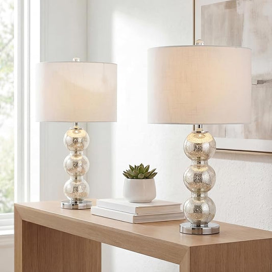 JONATHAN Y 27" Mercury Silver/Chrome Triple-Sphere Glass Table Lamp Set of 2, Bedside, White Linen Shade, Modern Table Lamps for Living Room, Bedroom, Office, LED Bulbs Included (JYL1070B-SET2)