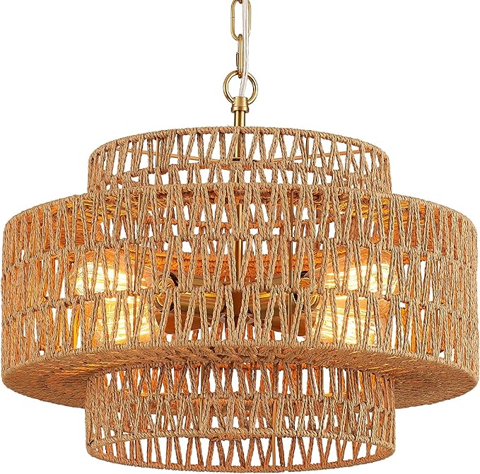 17.8" Boho Rattan Chandelier Light Fixture, 4-Light Golden Hand Woven Pendant Light Fixture Farmhouse Rustic Wicker Chandeliers for Kitchen, Bedroom, Dining Room, Living Room, Hallway, Foyer