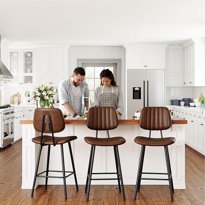 24-Inch Leather Bar Stools, Counter Height Barstools with High Backrest,Bar Chairs for Kitchen Island with Heavy Duty Metal Legs, Dark Brown