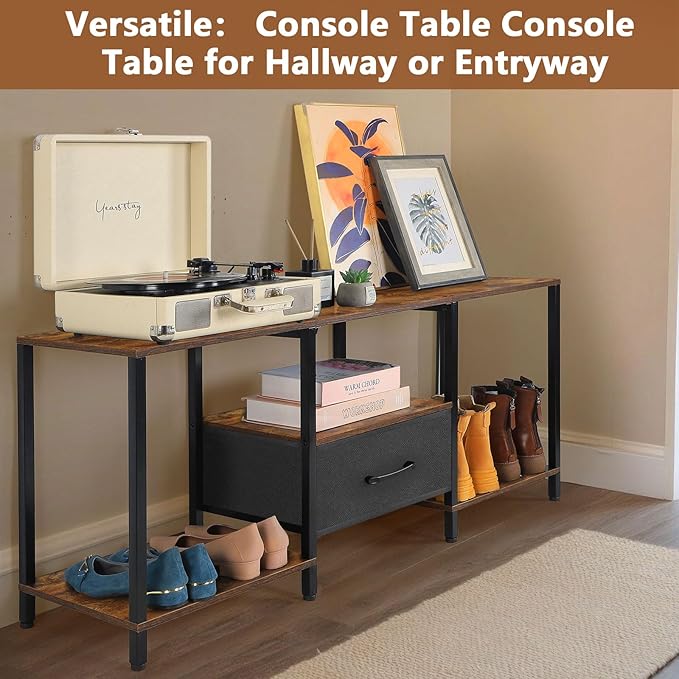 PINPON 46" TV Stand with Manual LED Lights & Fabric Drawer, 3-Tier Storage Media Console for 55" TV, Adjustable Feet, Rustic Brown Entertainment Center for Living Room/Bedroom