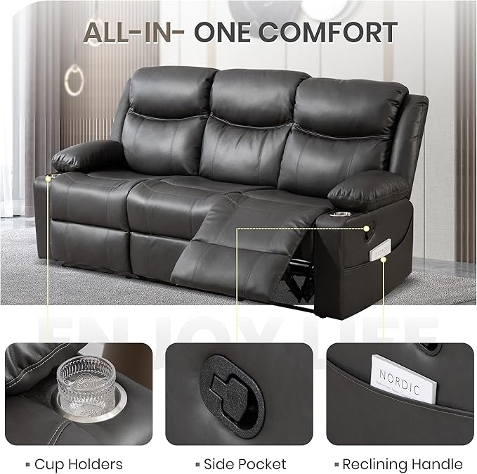 Manual Reclining Sofa Set, Double Recliner Loveseat and 3-Seater Sofa for Living Room, Faux Leather Upholstery with Sturdy Frame & Soft Cushions (Grey)