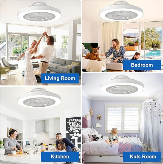Depuley Modern Ceiling Fan with Light: 19" Bladeless Flush Mount Low Profile LED Ceiling Fans with Remote & Smart APP Control - White Enclosed Fandelier Dimmable Quiet DC Motor for Bedroom Kids Room