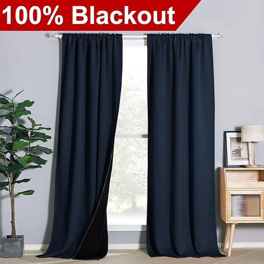 NICETOWN 100% Blackout Blinds, Rod Pocket and Back Tab Window Treatment Curtains, Thermal Insulated Energy Smart Drapes and Draperies for Villa, Hall and Studio, Navy, Set of 2, 52 inches x 108 inches