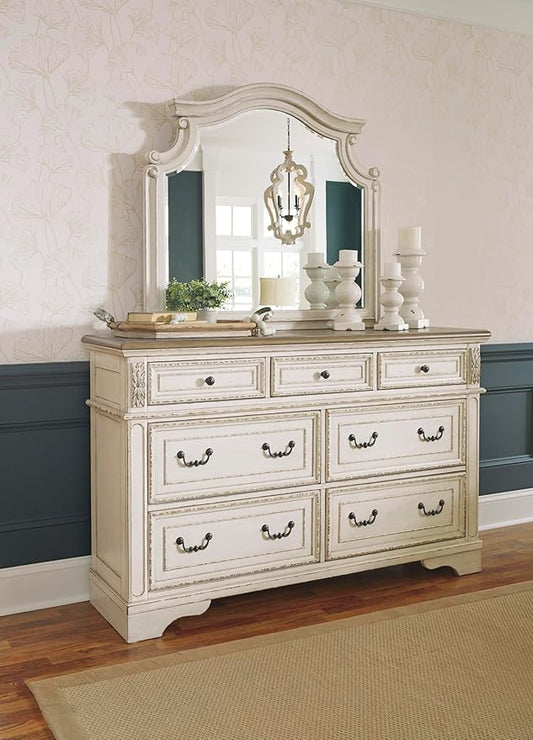Signature Design by Ashley Realyn Vintage Smooth-Gliding 7-Drawer Dresser and Mirror with Safety Stop, White & Light Brown