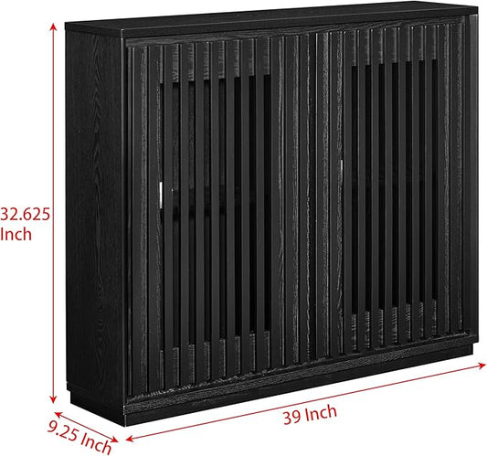 Ball & Cast 39" Narrow Sideboard Cabinet with Storage, Mid Century Modern Buffet Credenza Cabinet w/Fluted Doors & 2 Outlet Holes,for Living Room,Dining Rooms, Entryway, Kitchen Coffee Bar, Black