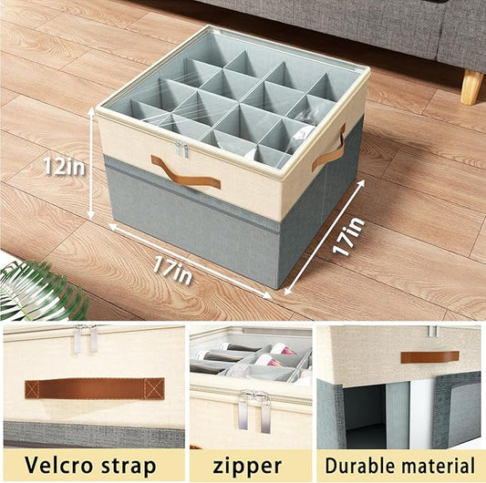 Shoe Organizer for Closet, 2 Pack Foldable Shoe Storage Organizer Box Bin with Adjustable Dividers and Clear Cover, Fits up to 16-32 Pairs(Grey&Beige)