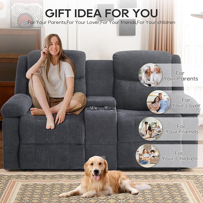 Recliner Sofa, Reclining Loveseat Sofa with Massage & Heat, Reclining Couch with Side Pockets, Extra Storage, Cup Holders for Living Room