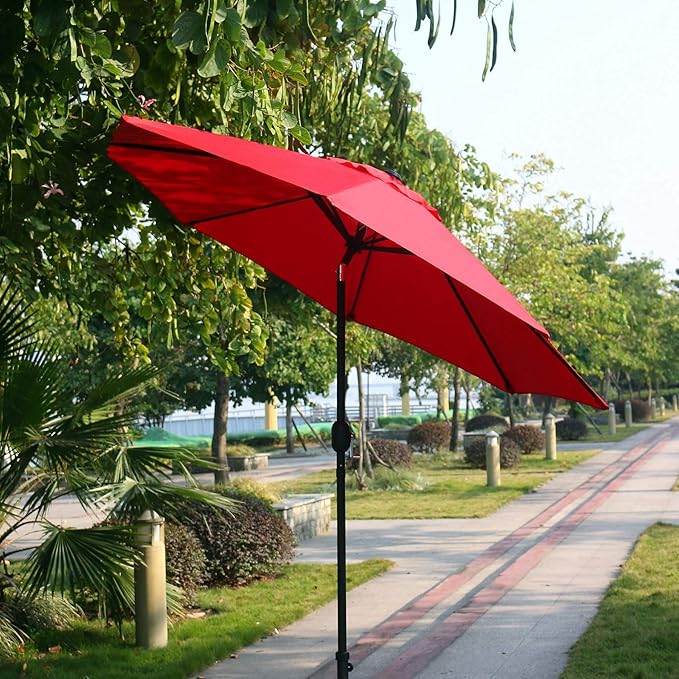 Sunnyglade 9' Patio Umbrella Outdoor Table Umbrella with 8 Sturdy Ribs (Red) | 18" 30.2-lbs Heavy Duty Round Antiqued Umbrella Base, Bronze