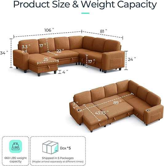 LINSY HOME Sectional Sleeper Sofa with Pull Out Couch Bed - Convertible Plush Corduroy Cloud Couch with Storage Chaise & USB Charging, Comfy Modular Couches for Living Room, Brown