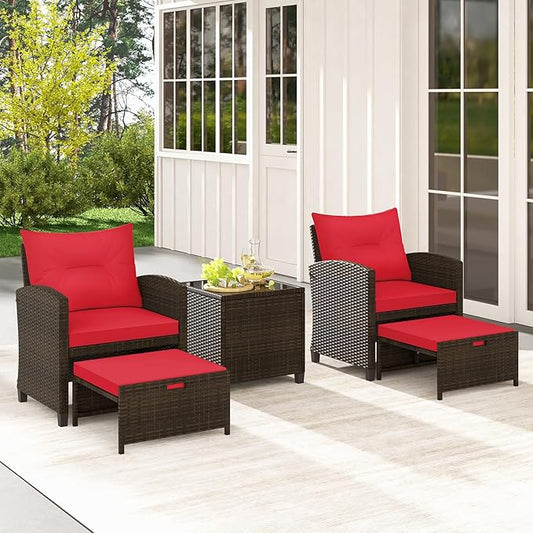 Tangkula 5 Pieces Patio Conversation Set, PE Wicker Rattan Outdoor Furniture Set with 2 Chairs, 2 Ottomans & Tempered Glass Coffee Table, Ideal for Poolside, Backyard, Lawn, Deck, Mix Brown & Red