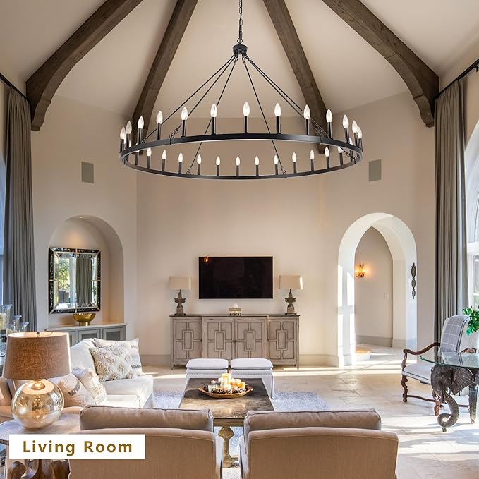 Black Extra Large Wagon Wheel Chandelier, 60 inch 30 Lights Farmhouse Chandelier, Industrial Candle Round Pendant Light Fixture for High Ceiling Living Room Dining Room Entryway