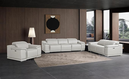 BlackJack Furniture Venice Top Grain Italian Leather 6 Power Recliner Seaters 3 Piece Sofa Set with Adjustable Headrests Modern Seating Sofa, Loveseat and Chair for Living Room Lounge, Light Grey