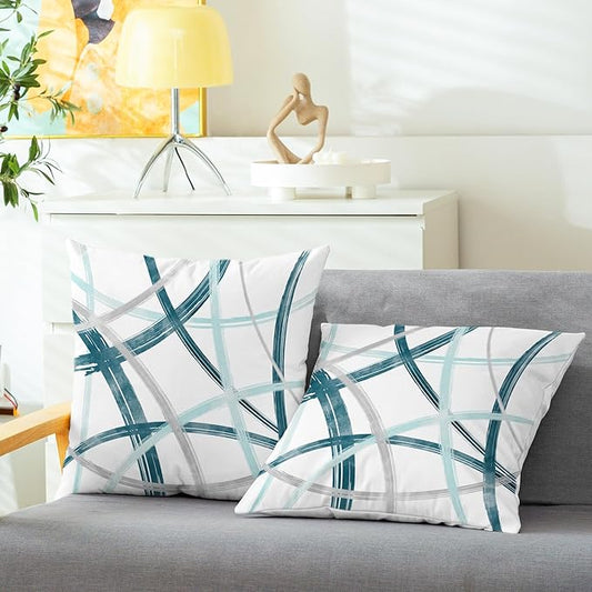 CaliTime Throw Pillow Cases Pack of 2 Cozy Fleece Arc-Shaped Abstract Geometric Lines Decorative Cushion Covers for Couch Bed Sofa Farmhouse Decoration 20 X 20 Inches Teal Turquoise Grey