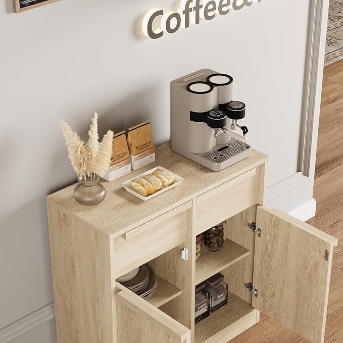 GarveeHome Sideboard Buffet Cabinet with 2 Drawers, 31.5 in Large Coffee Cabinet with Storage, Modern Storage Buffet Table for Kitchen Dining Room, Living Room (Pear Wood, 2 Doors & 2 Drawers)