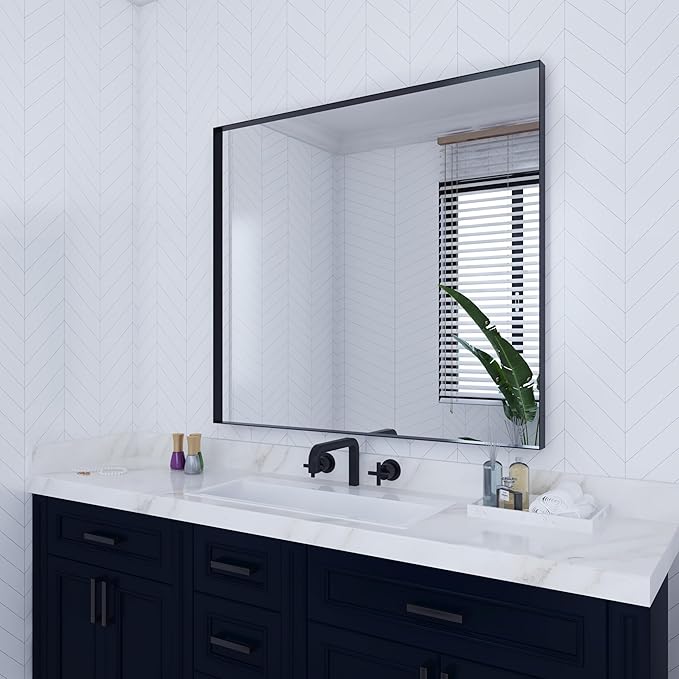 VocalStar Black Bathroom Mirror for Wall, 36 x 40 Inch Large Square Corner Rectangle Metal Framed Bathroom Vanity Mirrors Modern Farmhouse, 1/4-inch Shatterproof Glass | Ultra-Flush Hanging