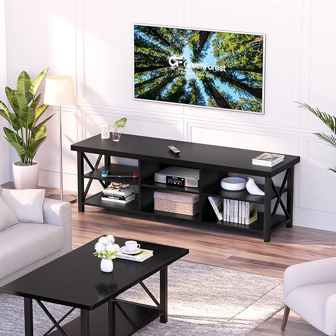 GreenForest TV Stand for TV up to 65 inches, Entertainment Center with 6 Storage Cabinet for Living Room, 55 inch Farmhouse Television Stands Console Table, Industrial TV stands for Living Room, Black