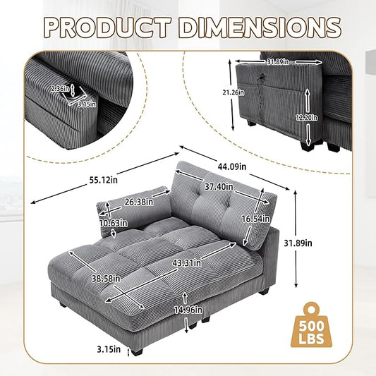 Oversized Lounge Chaise Convertible Sleeper Sofabed, Corduroy Sleeper Daybed Indoor Recliner Chair Sofa Bed with Cupholders and Adjustable Headrests for Living Room Bedroom Reading Home Apartment