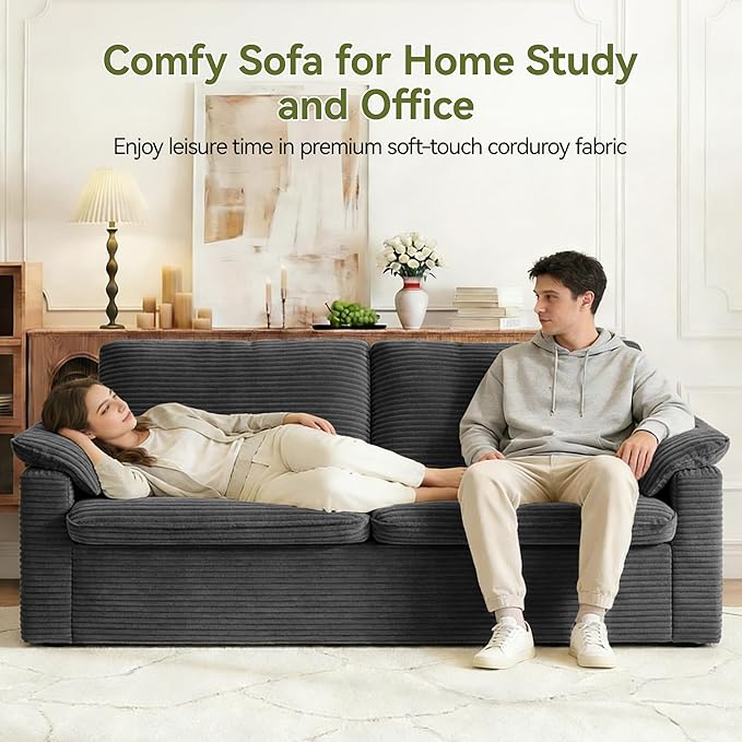86" Loveseat Sofa Grey Corduroy Couch,Modern Cloud Sofa Love Seat, Deep Seat Slipcovered Sofa with 2 Wide Armrest Pillows for Small Spaces Apartment Studio Office Bedroom Living Room