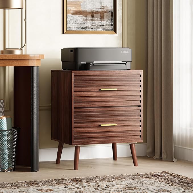 WLIVE Nightstands Set of 2, Mid Century Modern Bedside Tables with Fluted Drawers, Walnut Wood End Table with Storage for Bedroom, Living Room, Accent Furniture